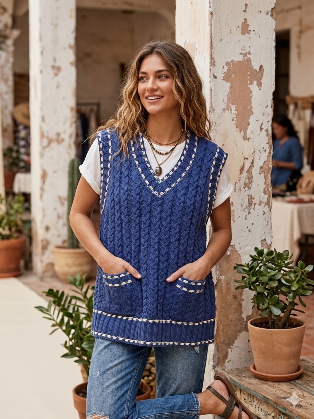 DAVI & DANI Blue Cable Knit V-Neck Sweater Vest